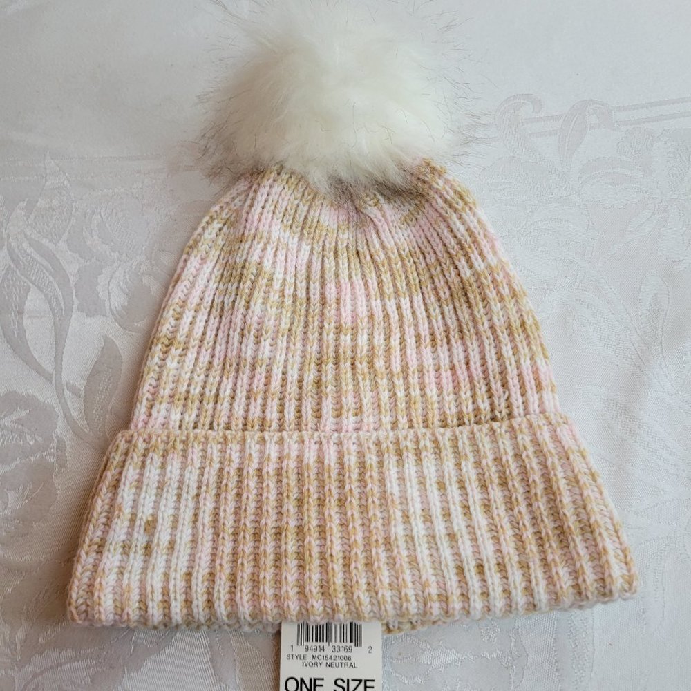 Style and Co Light Pink and Tan Knit Ribbed Beanie with Fluffy White Pom Pom One